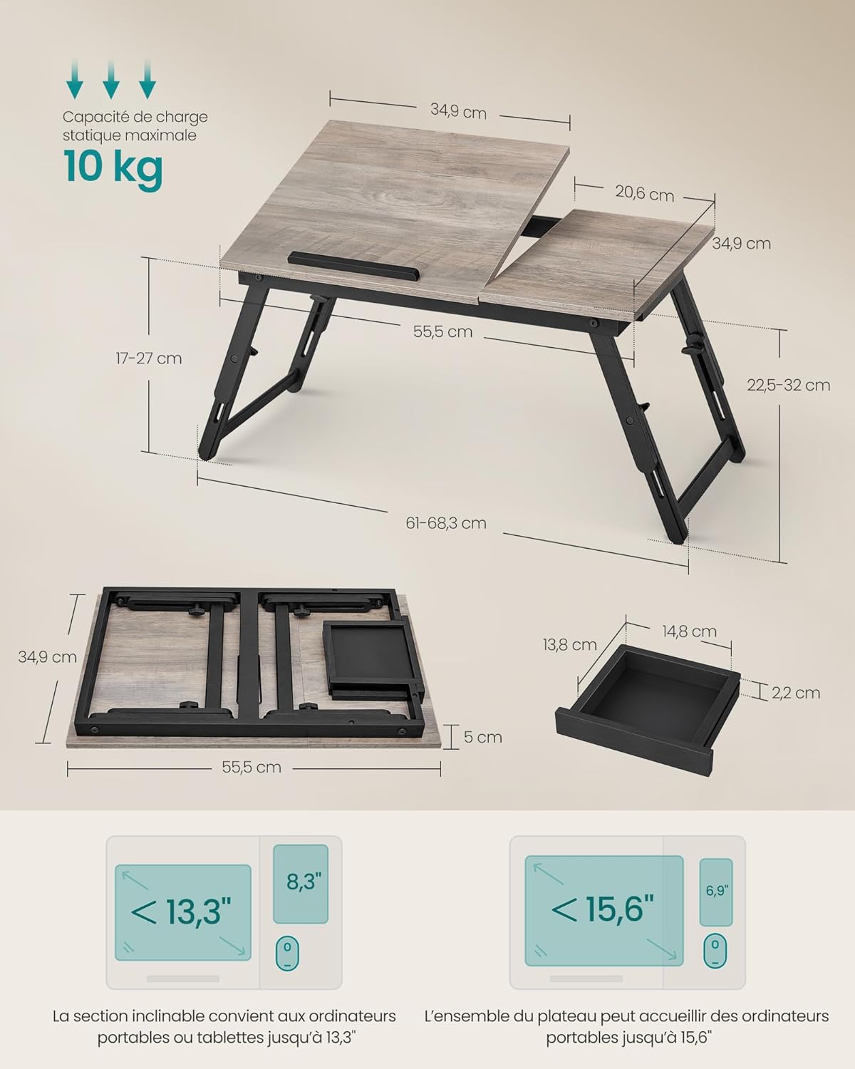 SONGMICS - Table de lit réglable, pliable, tiroir, bambou, 60x40cm - LLD105W01