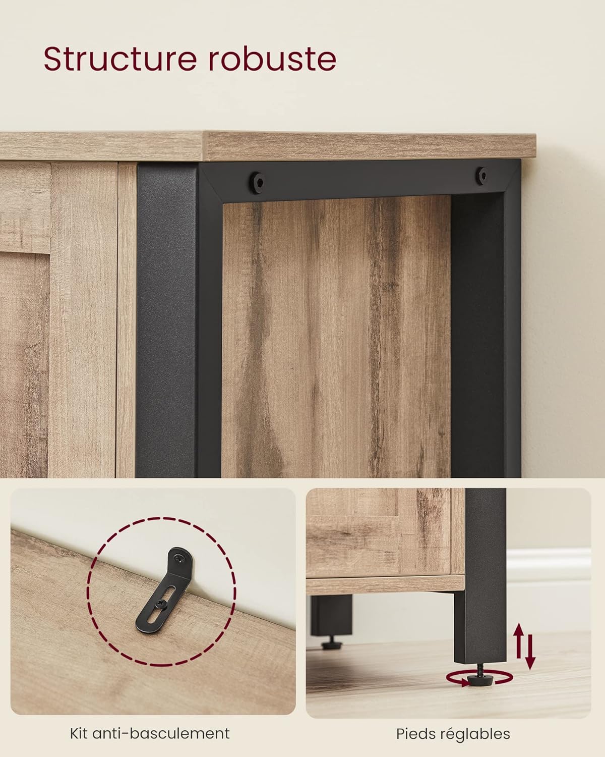 VASAGLE - Buffet de rangement rustique 110x33x75cm, 3 portes, LSC096B50