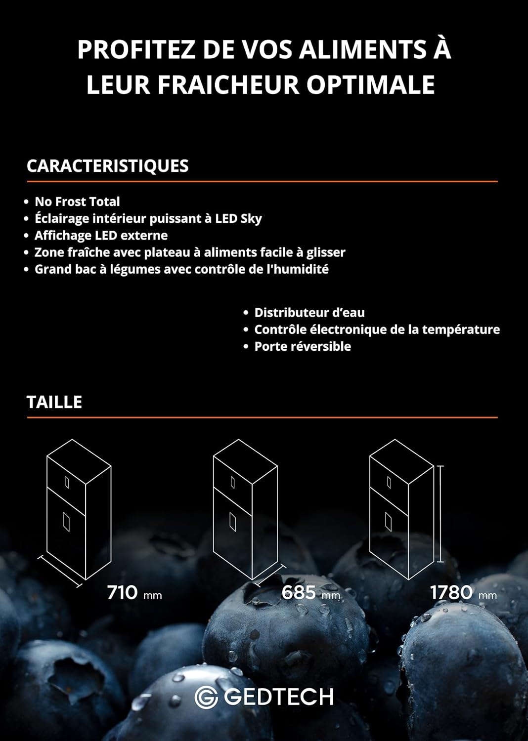 GEDTECH - Réfrigérateur combiné 415L, inox foncé, No Frost, distributeur d'eau - GDP415NFDX