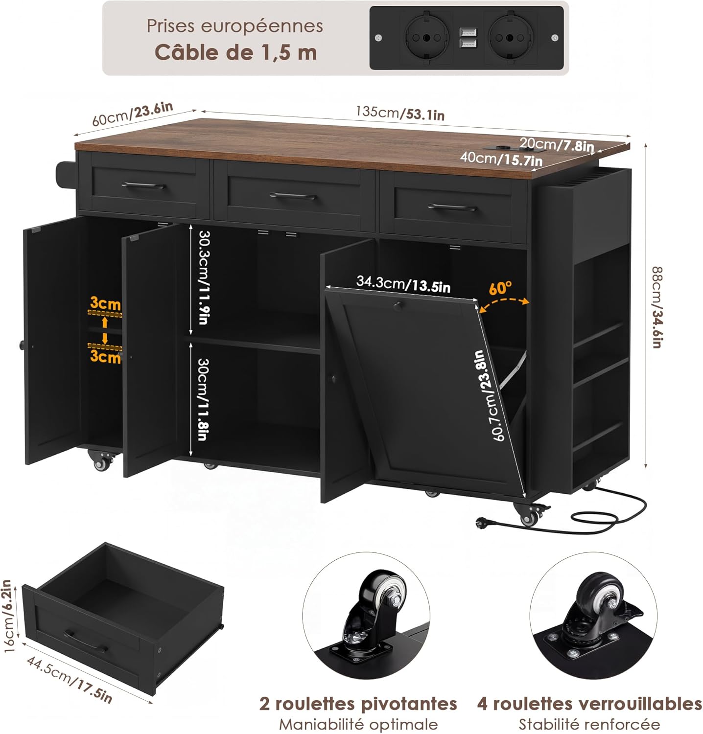 FirFurd - Ilot cuisine pliable sur roulettes, 135x60x88cm, USB et rangement