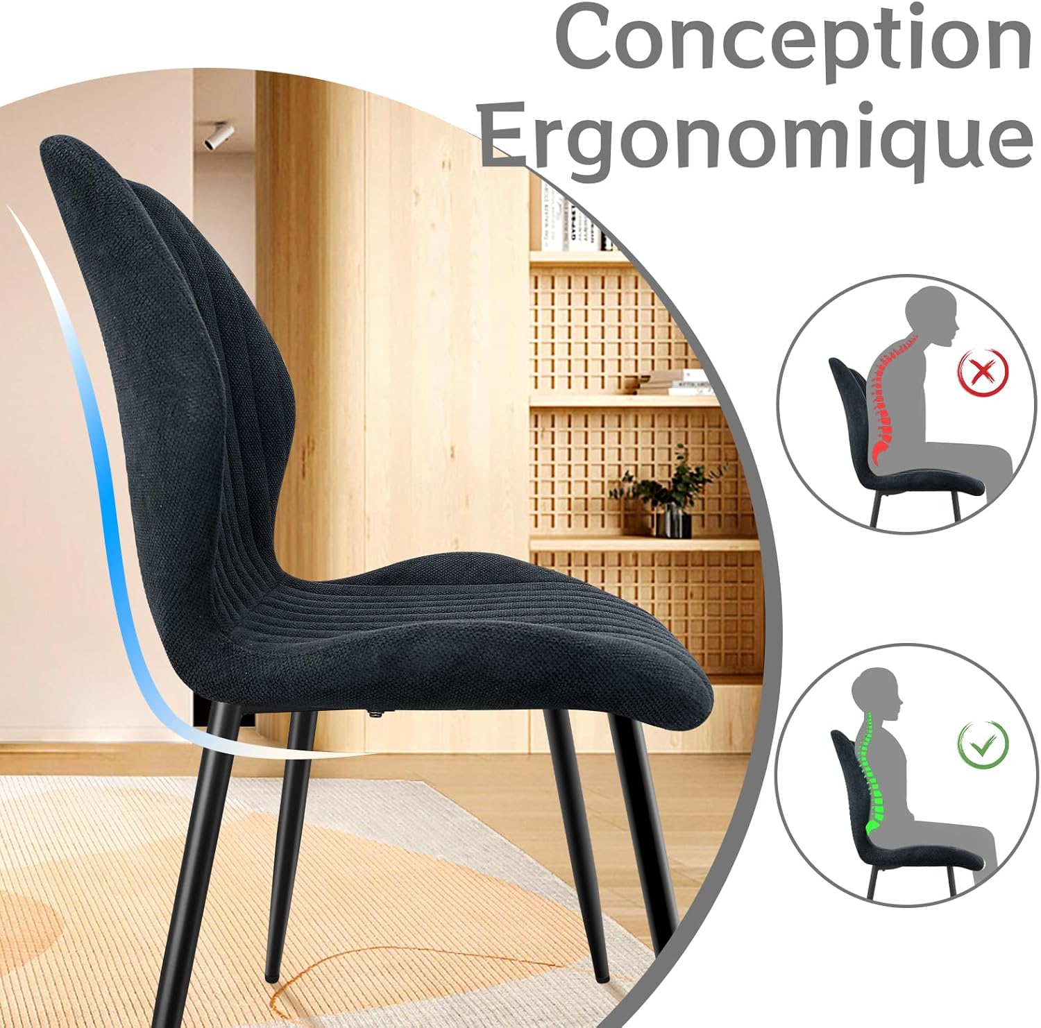 Chaises de salle à manger - lot de 4 - tissu gris foncé, pieds métal, dossier ergonomique - 47x54x85 cm