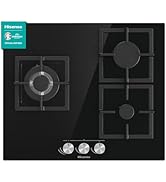 Hisense GG633B Plaque de cuisson au gaz naturel 3 zones 60 cm Grille en fonte et verre trempé