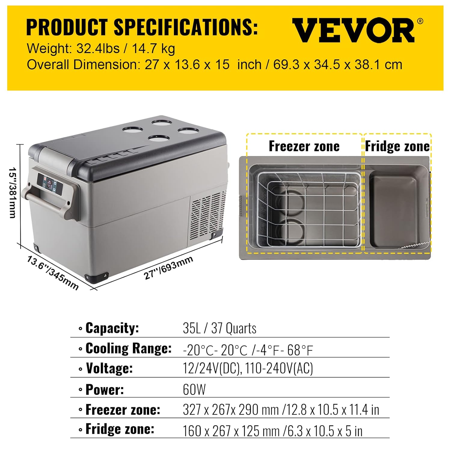 VEVOR - Glacière électrique 35L - 69,3x34,5x38,1cm - LCD, -20 à 20°C