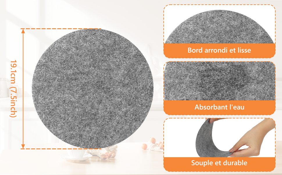 Spécifications techniques pour les tampons en feutre gris avec texte en français, y compris « Absorbant l'eau » et « Souple et durable ». Plusieurs vues montrant les mesures et la manipulation.