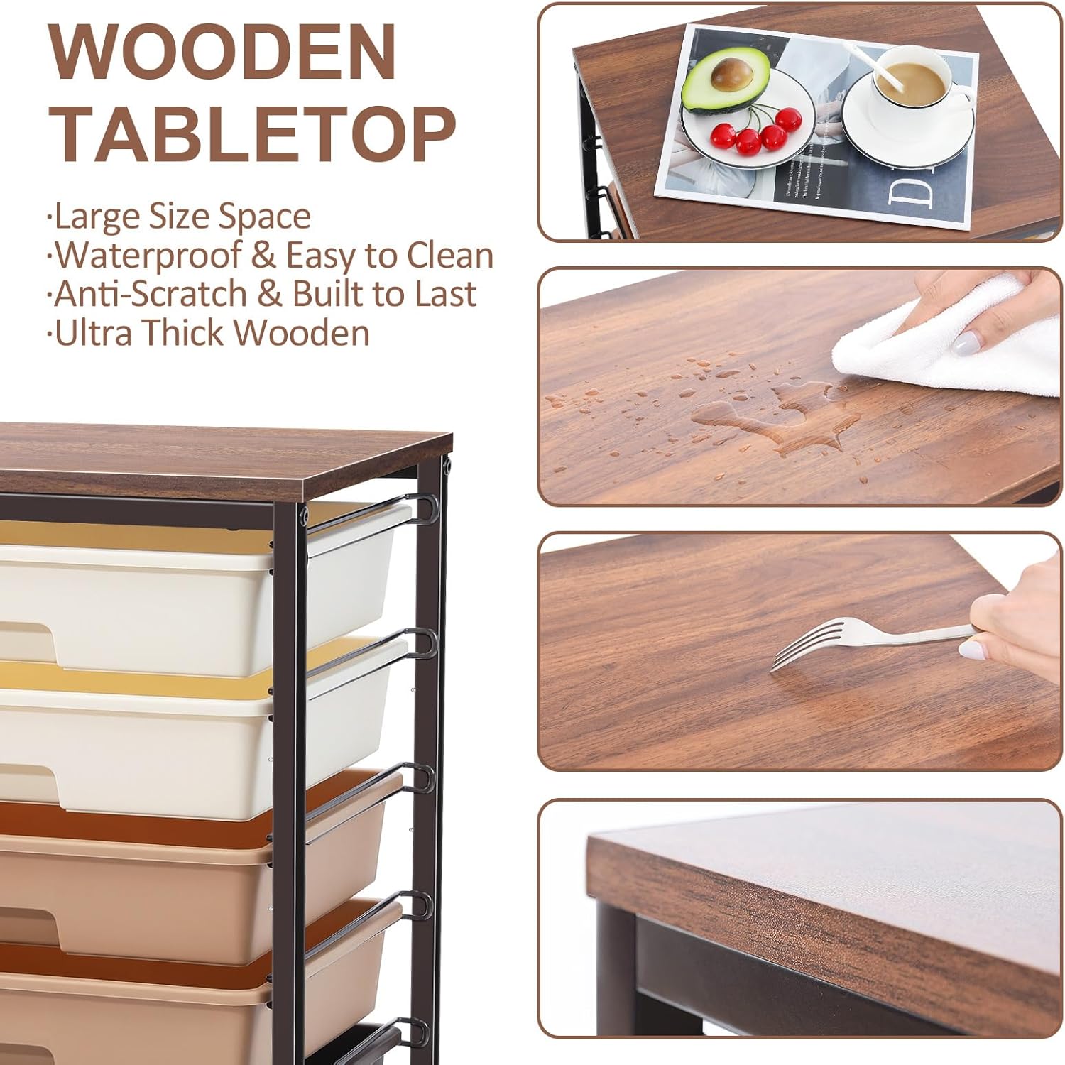 Chariot de salle de bain - 8 tiroirs, roulettes, plateau bois, grande capacité, marron