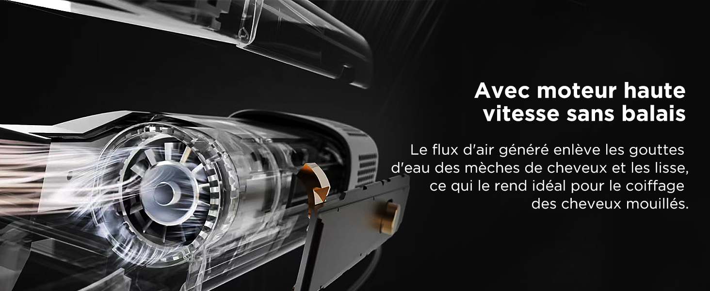 Gros plan de la buse d'un sèche-cheveux avec orifices d'aération visibles. Le texte indique un moteur sans balais à haute vitesse pour un séchage et un coiffage efficaces des cheveux