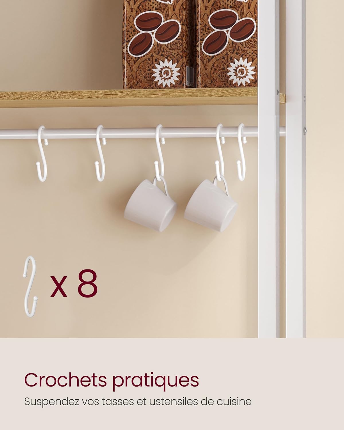 VASAGLE - étagère cuisine/bar café, 40x60x170 cm, 8 crochets, KKS058Y02