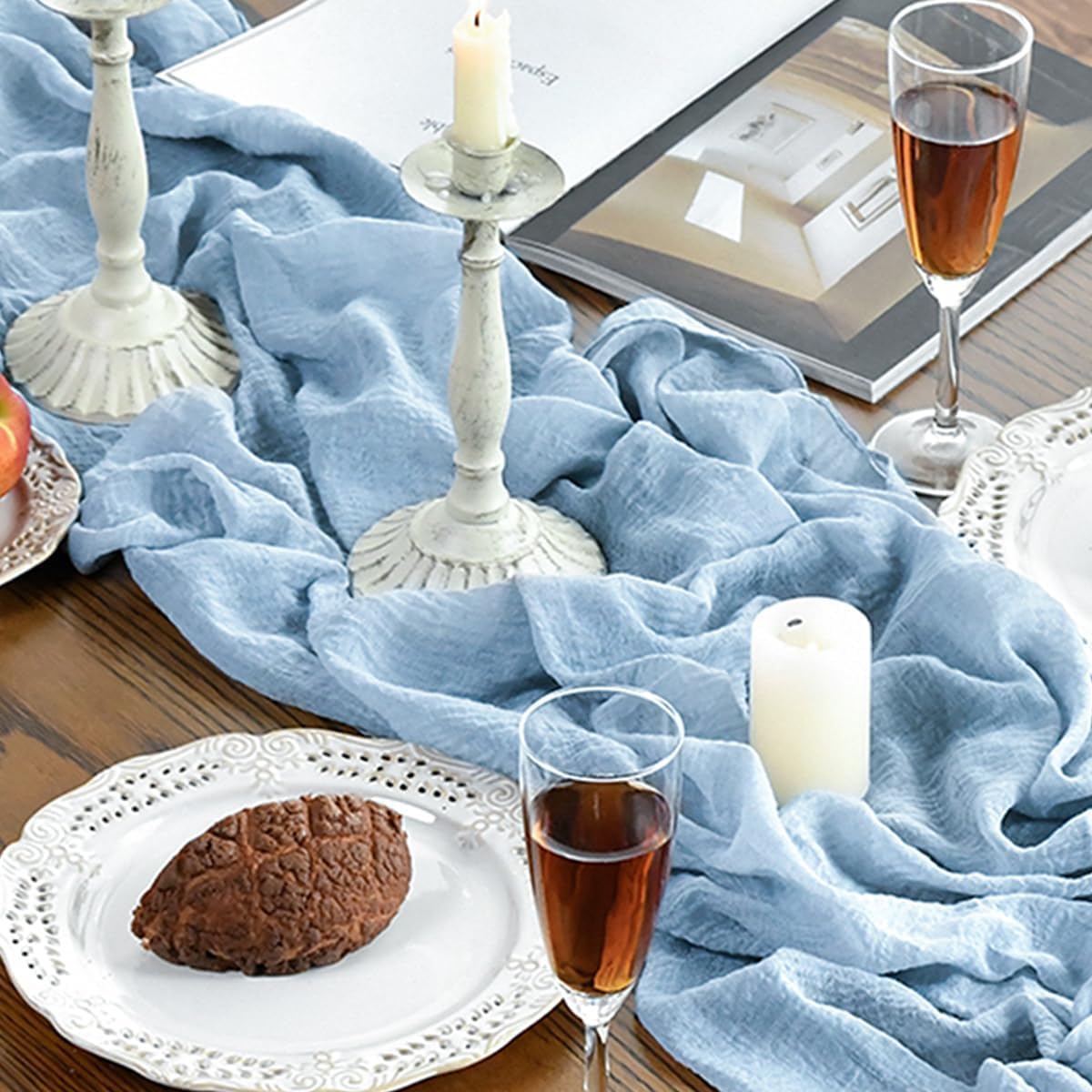 Artoid Mode - Chemin de table Bohême - 400 cm - gaze mousseline bleu glacier, déco mariage fête