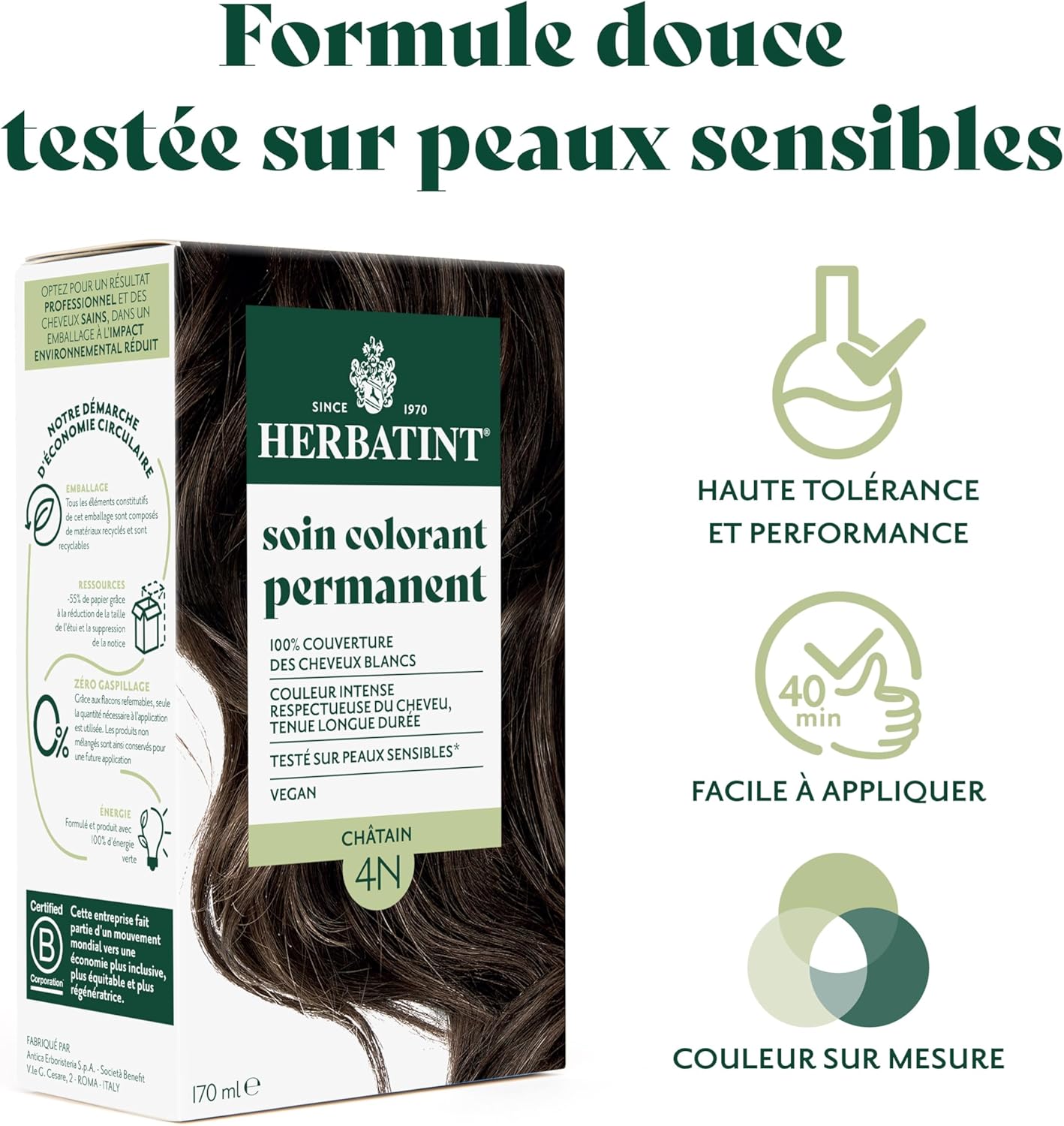 Herbatint - soin colorant permanent - 170ml - sans ammoniaque, 100% couvrance cheveux blancs, 4N