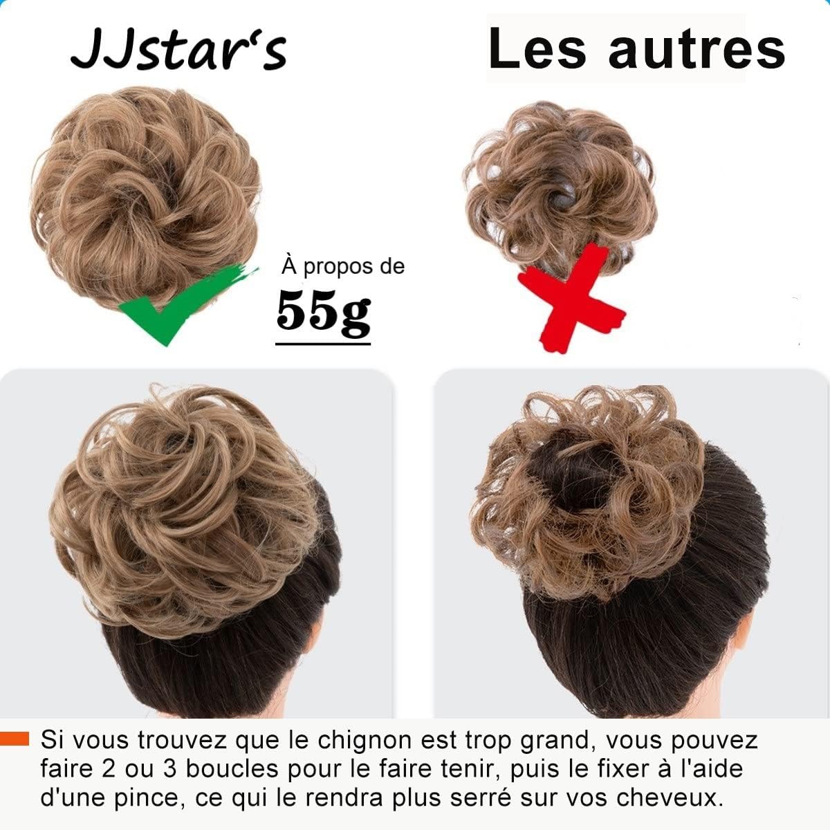 JJstar - chignon postiche bouclé, élastique, cheveux naturels, brun/blond