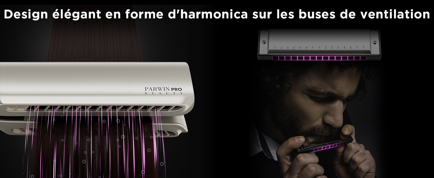 Système de ventilation à éclairage violet avec design de style harmonica avec plusieurs bouches d'aération parallèles dans