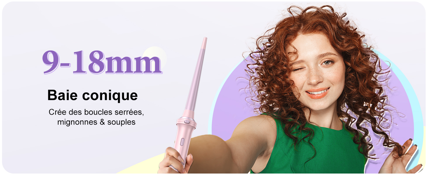 Le texte indique « 9-18 mm » et « Base conique ». Schéma technique montrant les mesures et les spécifications sur fond clair.