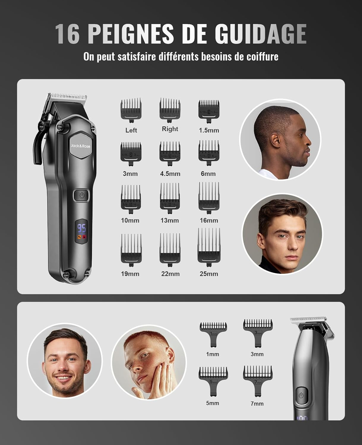 Tondeuse à cheveux - set professionnel IPX7, waterproof, barbe, cheveux, noir