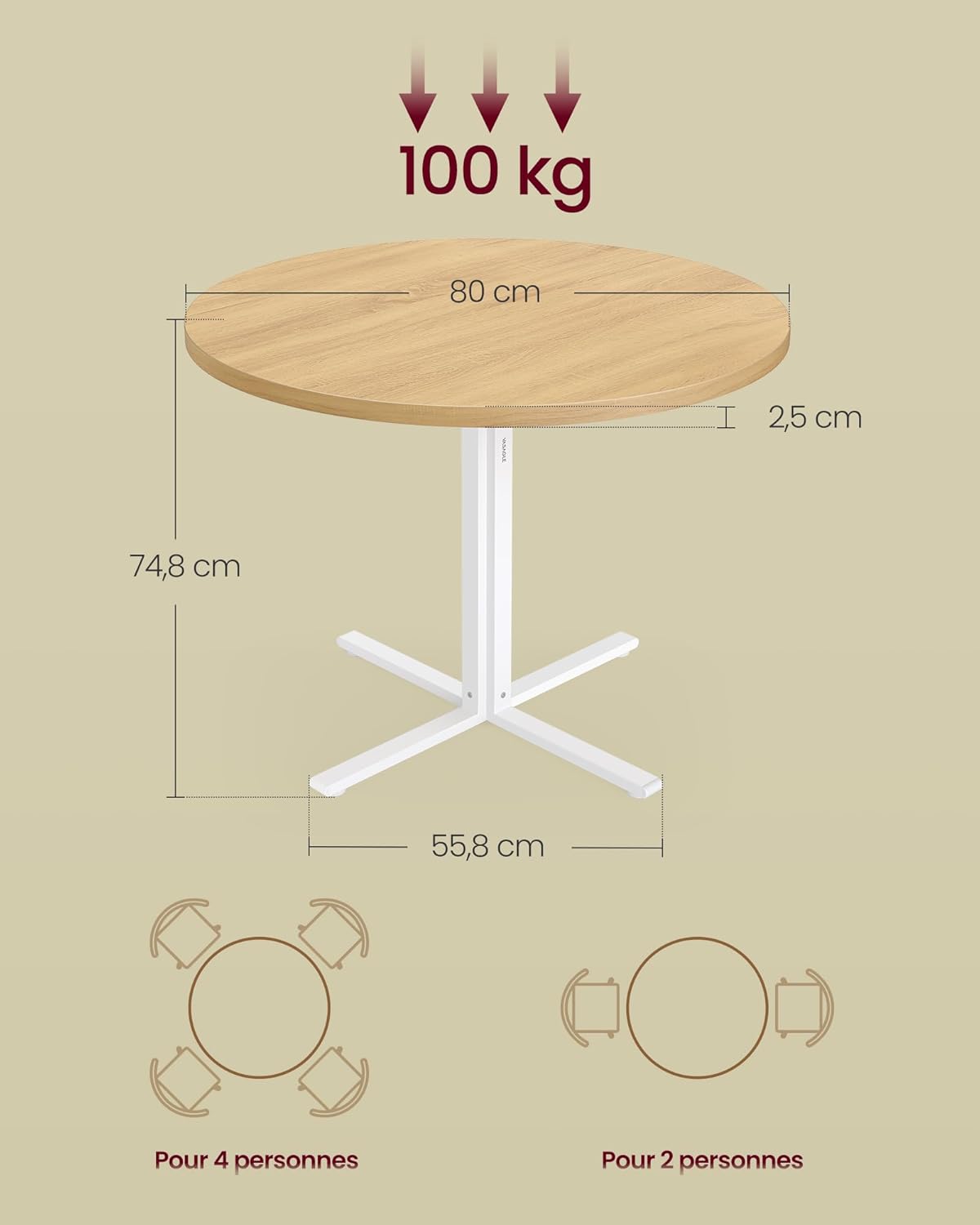 VASAGLE - table ronde (série cuisine) - 80x74,8 cm - résistant à l'eau, style campagnard - KDT082Y02