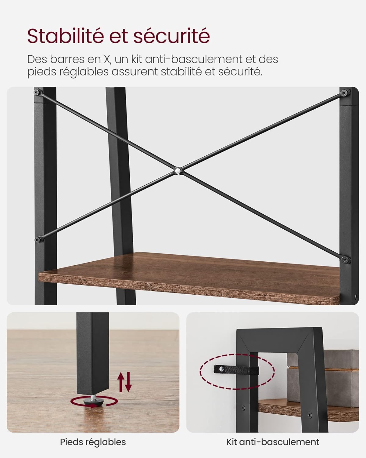 VASAGLE - étagère échelle rustique 34x56x137,5cm acier bois robustes