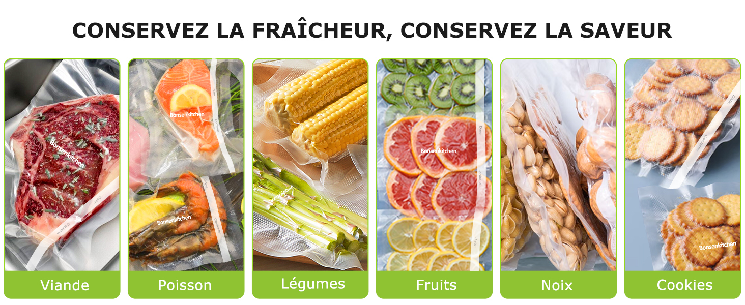 Le texte indique « Image 7 » et « CONSERVEZ LA FRAÎCHEUR, CONSERVEZ LA SAVEUR ». Guide de conservation des aliments présentant diverses viandes et produits avec des instructions de conservation en français.