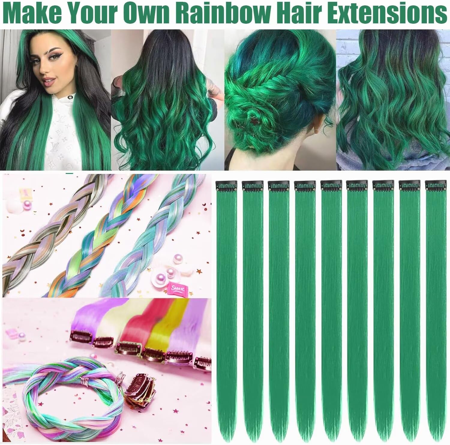 Extensions cheveux à clip - vert gazon - 55 cm - lot de 12 mèches colorées