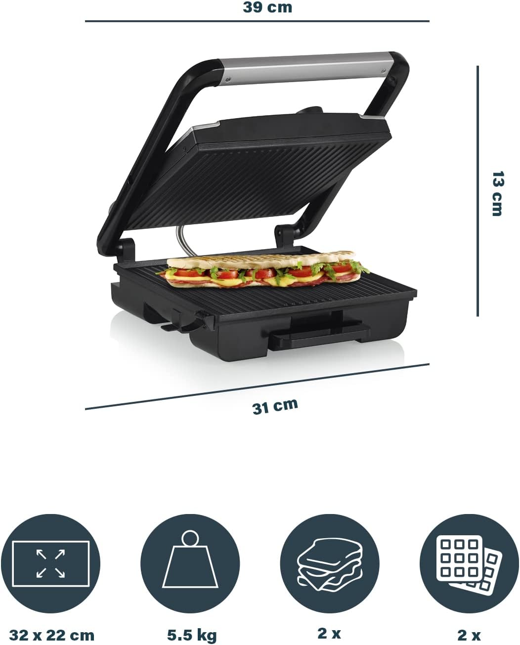 Princess - Appareil à paninis multifonction - 30x27 cm - 2 portions, 2000W