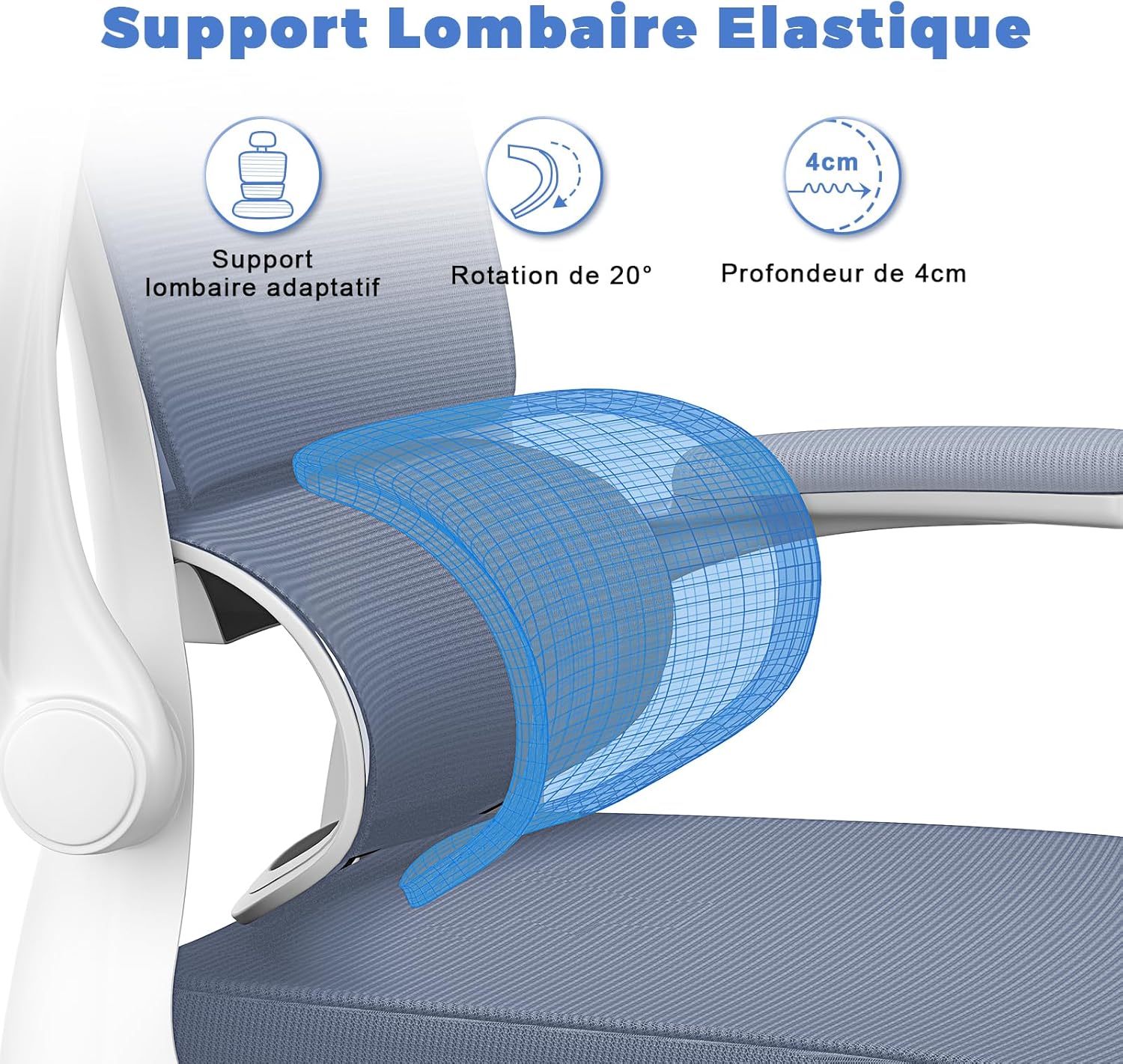 Chaise de bureau ergonomique - dossier/appui-tête réglables - support lombaire, accoudoirs réversibles, maille respirant