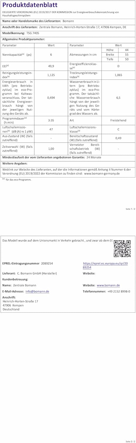 Bomann - lave-vaisselle compact - 43,8x55x50cm - 6 réglages, 5 programmes, LED, ouverture auto, sécurité TSG7405