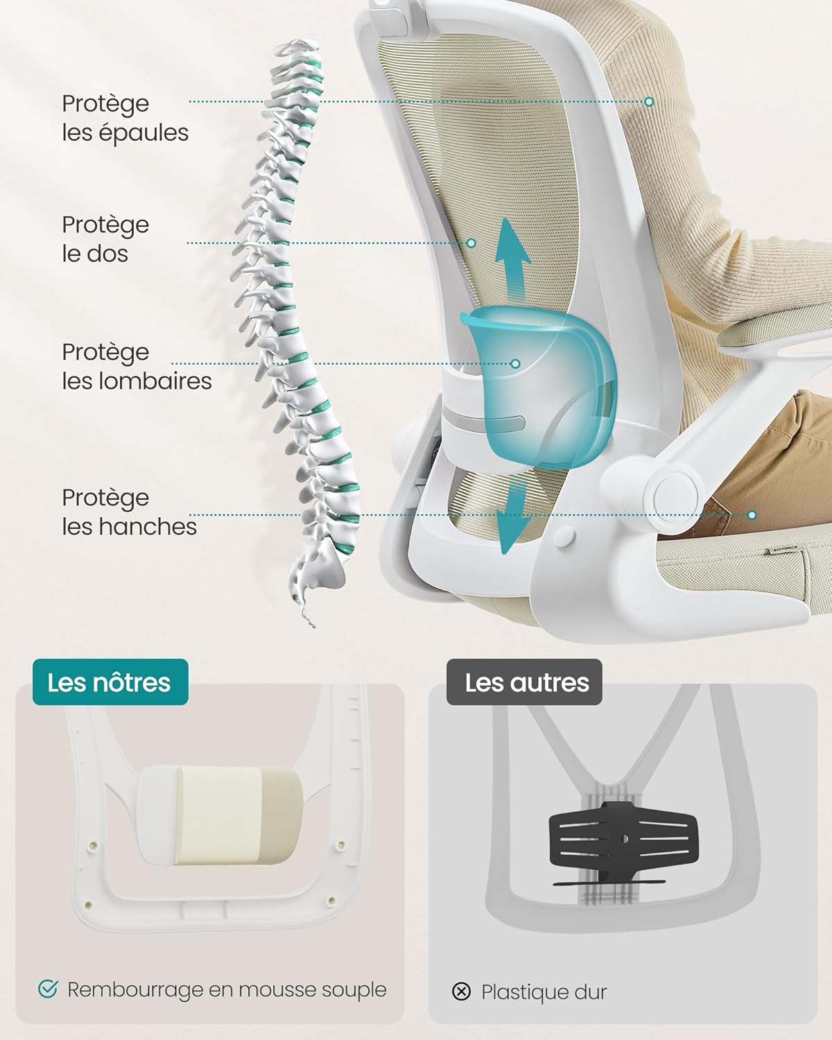 SONGMICS - chaise de bureau ergonomique - 53cm - maille, support lombaire, accoudoirs rabattables, OBN037K02
