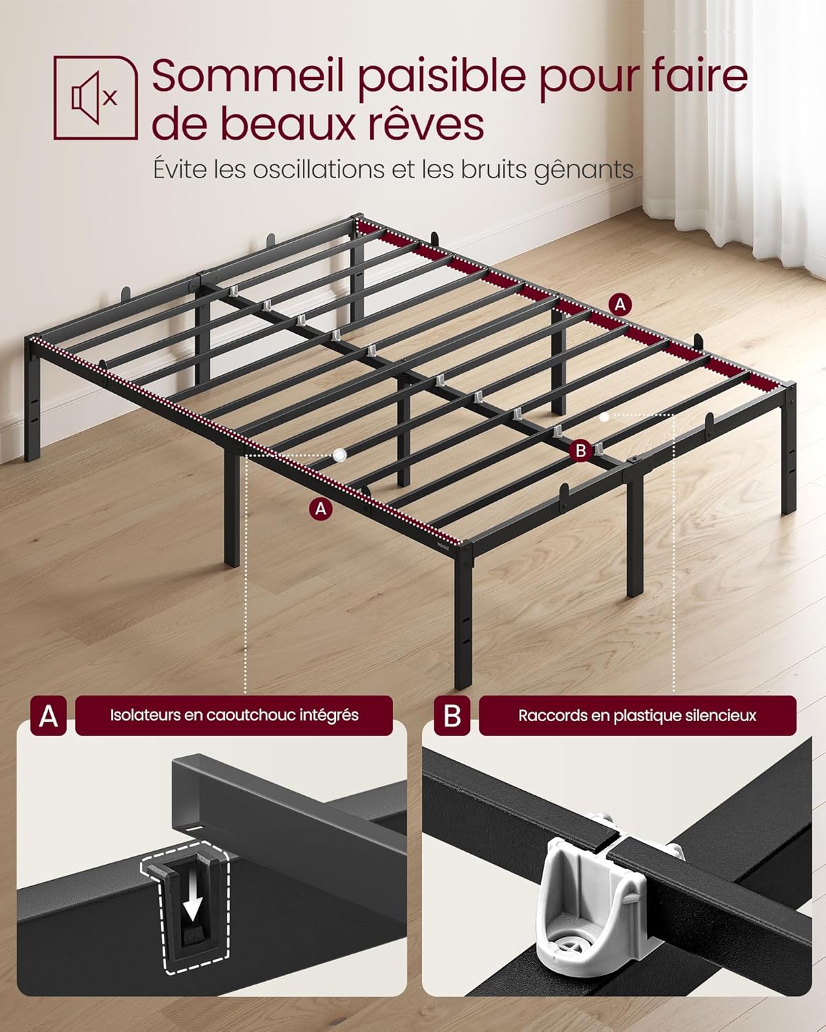 VASAGLE - Cadre de lit moderne - 140x190 cm - métal, rangement, RMB153BD01