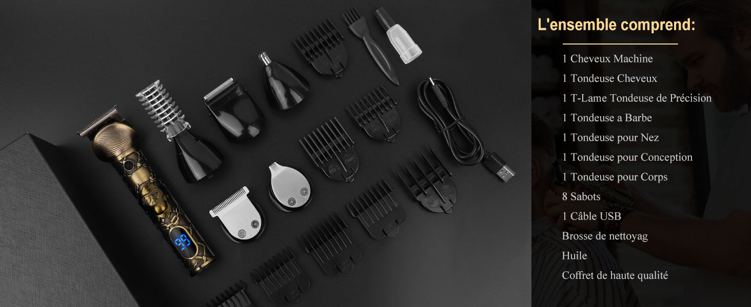 avec divers outils de toilettage, notamment des tondeuses, des peignes, des ciseaux et des accessoires disposés sur un fond sombre avec