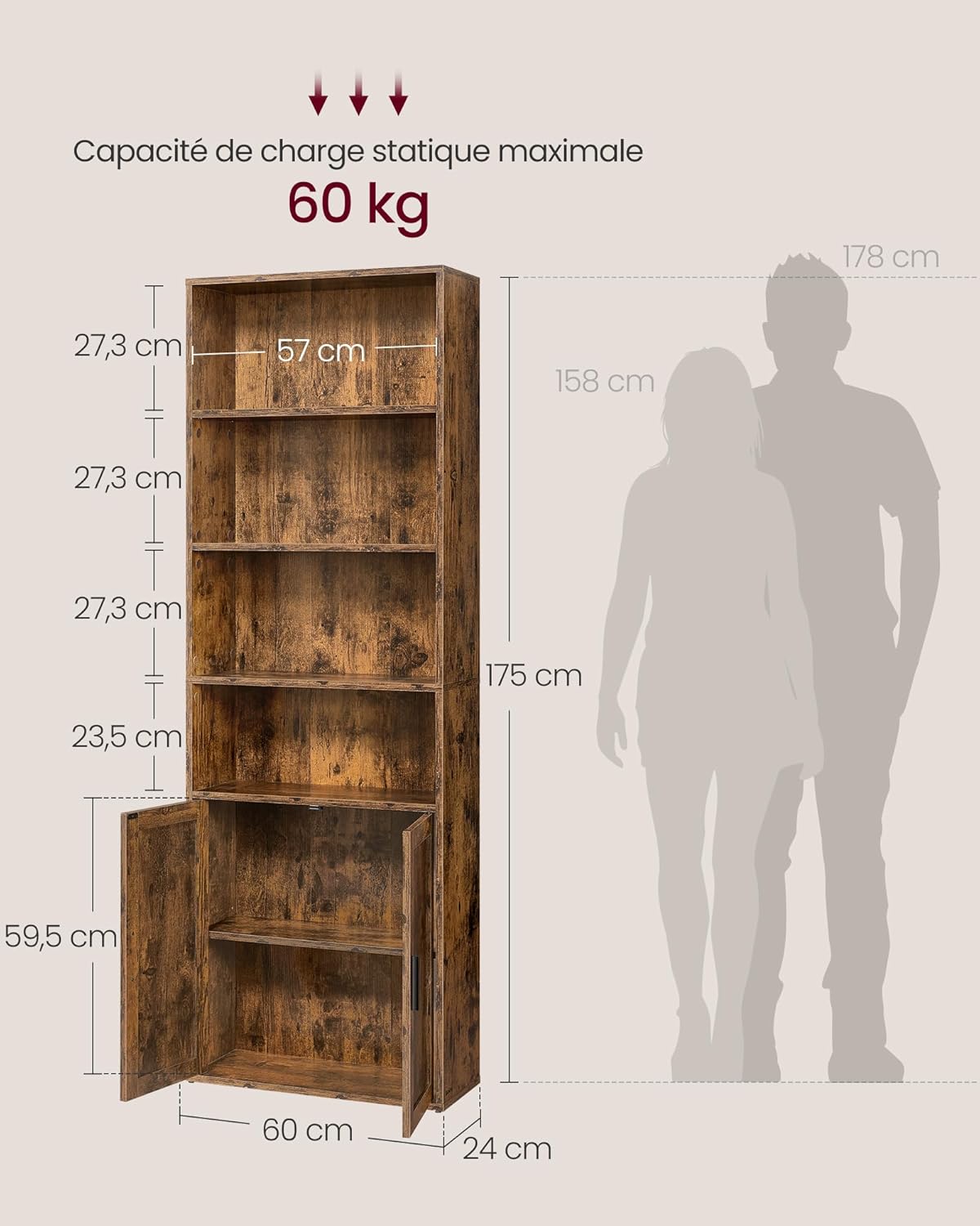 VASAGLE - Custos Collection - 24x60x175 cm - bibliothèque 6 niveaux, portes, rangement ouvert, marron rustique LBC402K01