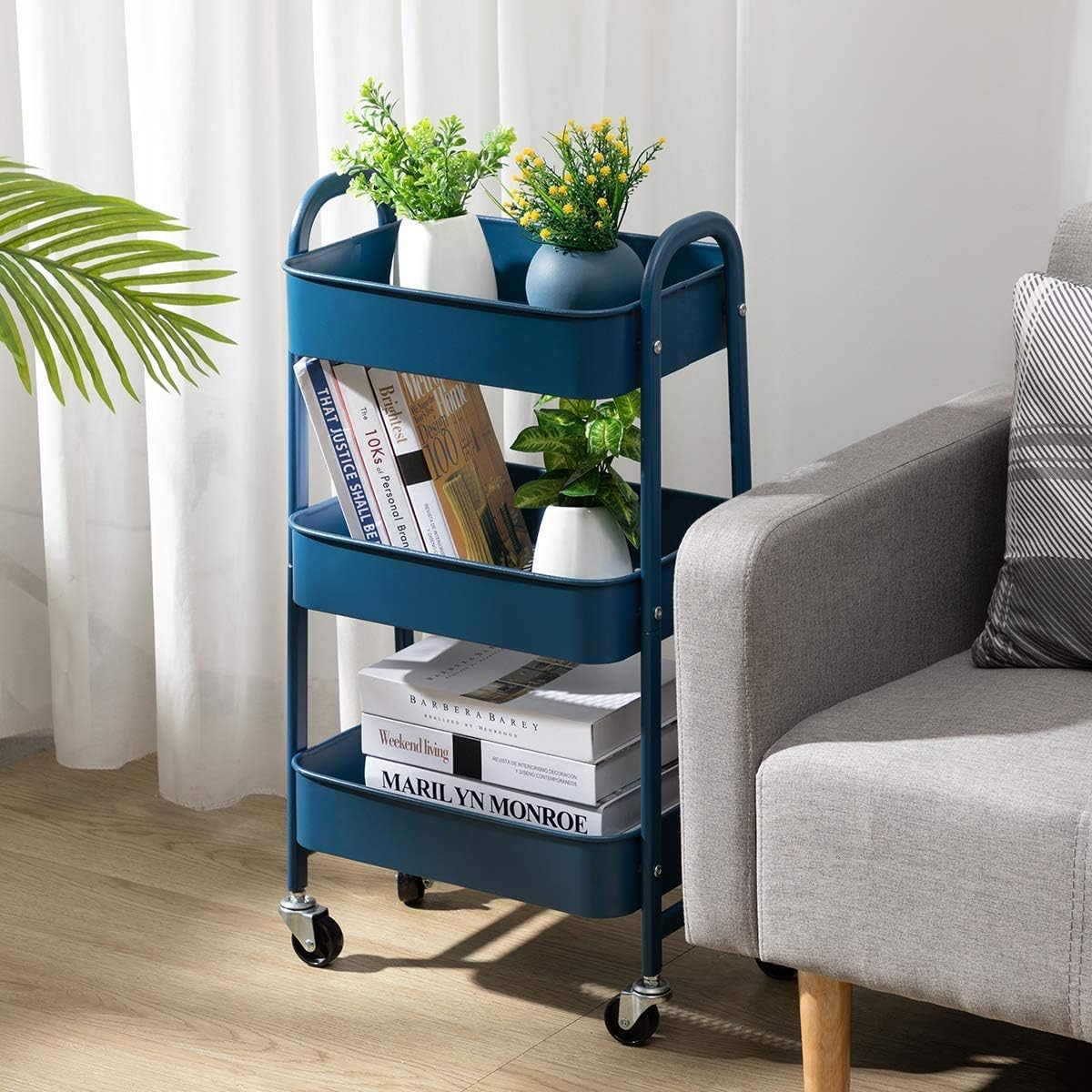 DOEWORKS - chariot 3 niveaux métal, roulettes, bleu, gain de place