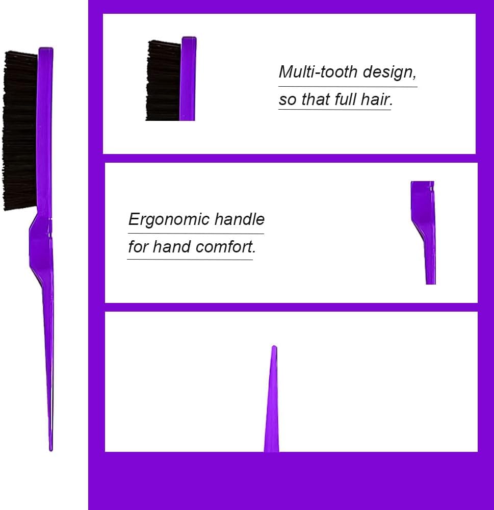 Peigne de cheveux - set 3 pièces - queue de rat, double tranchant, brosse violette