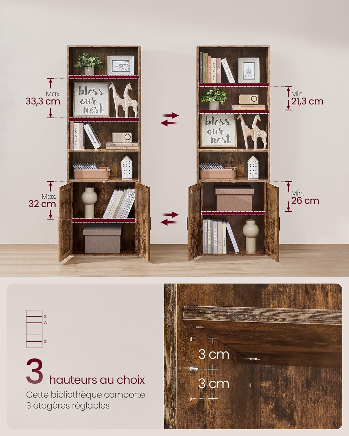 VASAGLE - Custos Collection - 24x60x175 cm - bibliothèque 6 niveaux, portes, rangement ouvert, marron rustique LBC402K01