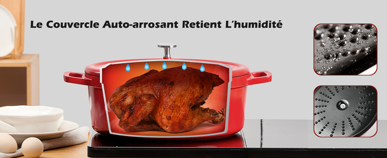 Le texte se lit comme suit : « Le Couvercle Auto-Arrosant Retient l'Humidité ». Collage d'images de préparation des aliments montrant divers ustensiles de cuisine et ustensiles de cuisine.