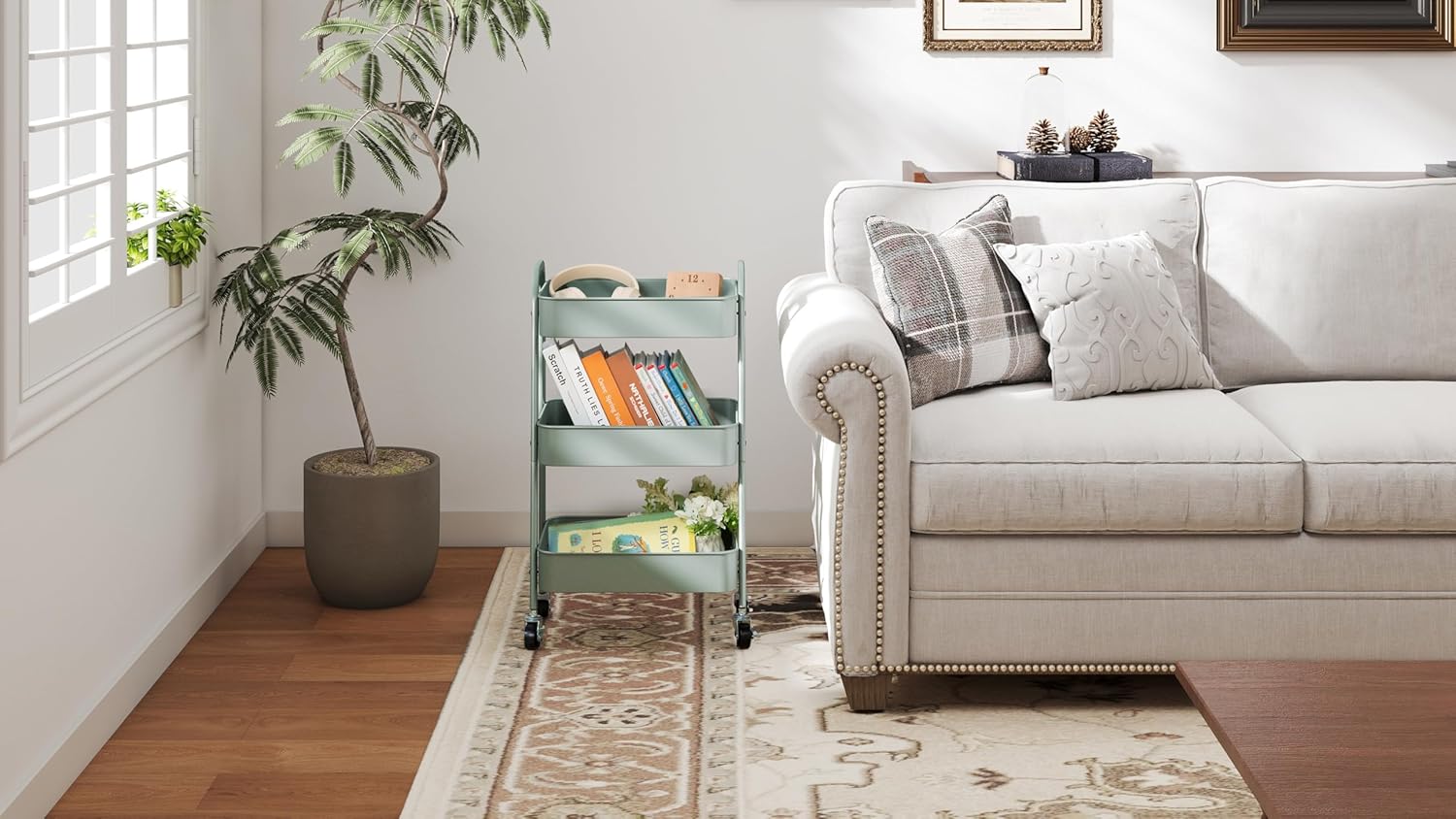 DOEWORKS - Chariot de rangement 3 niveaux à roulettes, métal, cyan, idéal cuisine/bureau/salle de bain