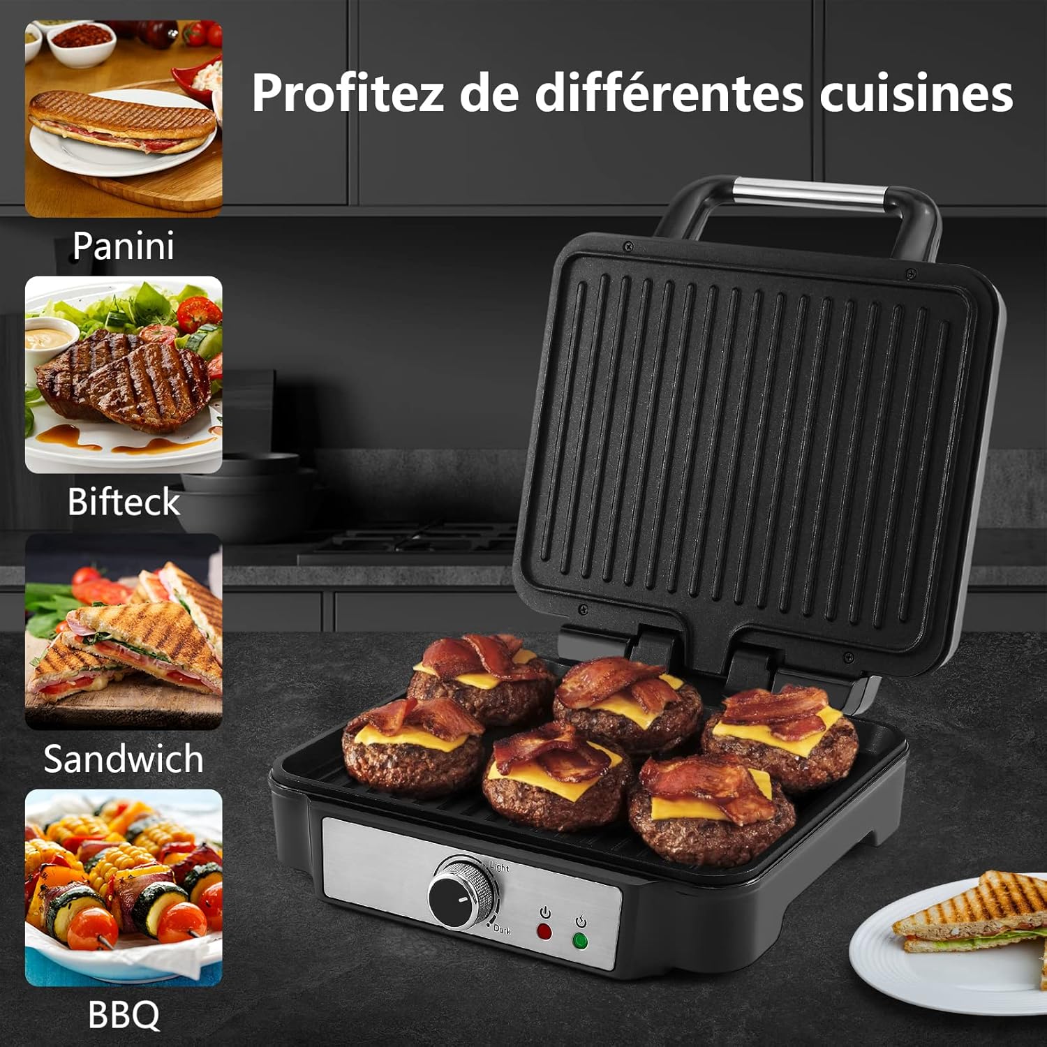 YASHE - Grille Électrique 4 tranches, 1800W, plaques antiadhésives, contrôle température, ouverture 180°