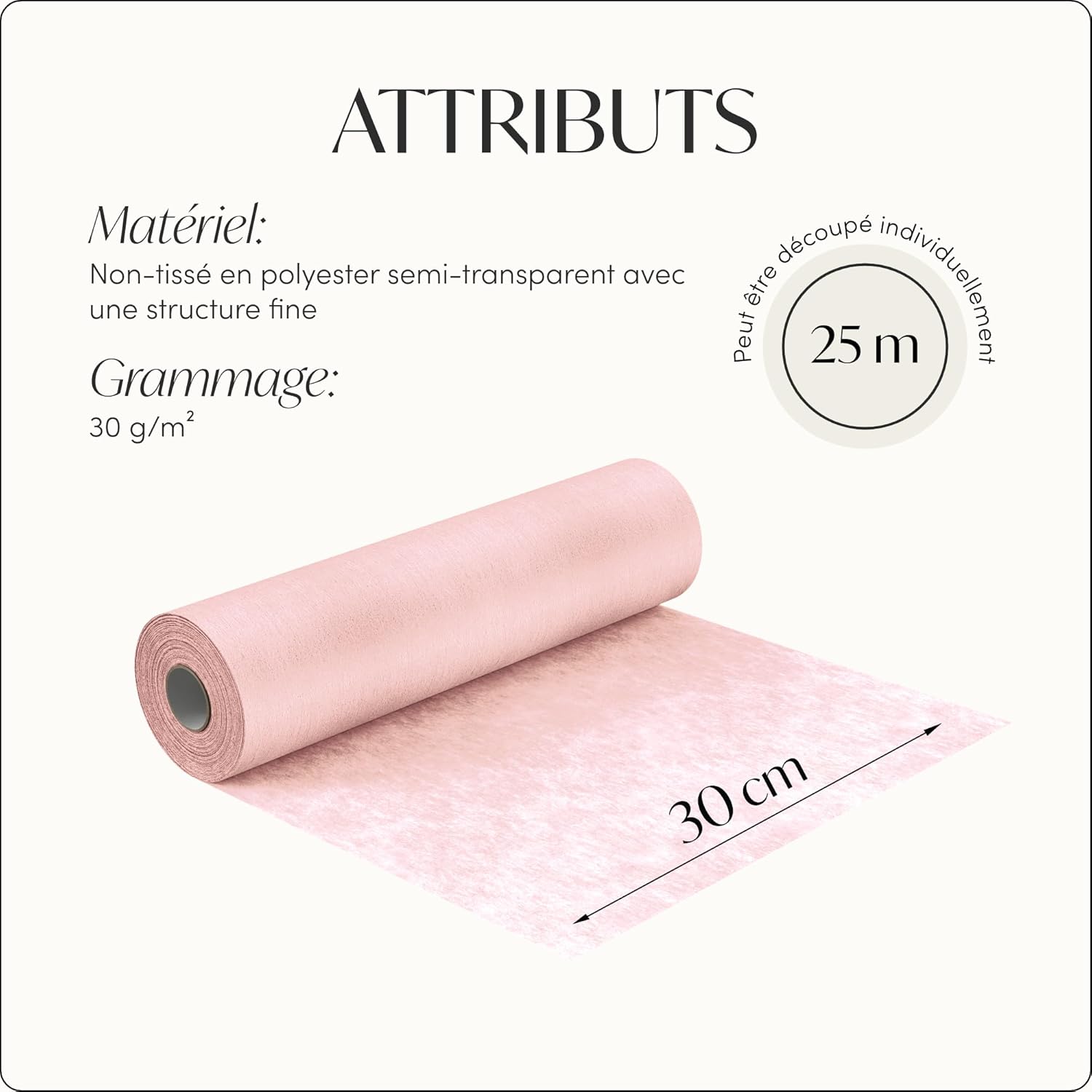 100%Mosel - Chemin de table non-tissé, rose pâle, 30x2500cm, décorations événementielles