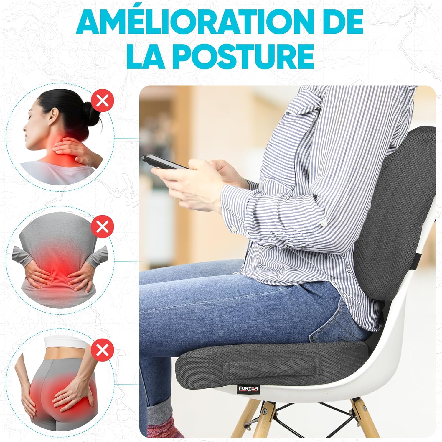 FORTEM - Coussin lombaire/assise, mousse mémoire, antidérapant, confort dos, chaise et auto