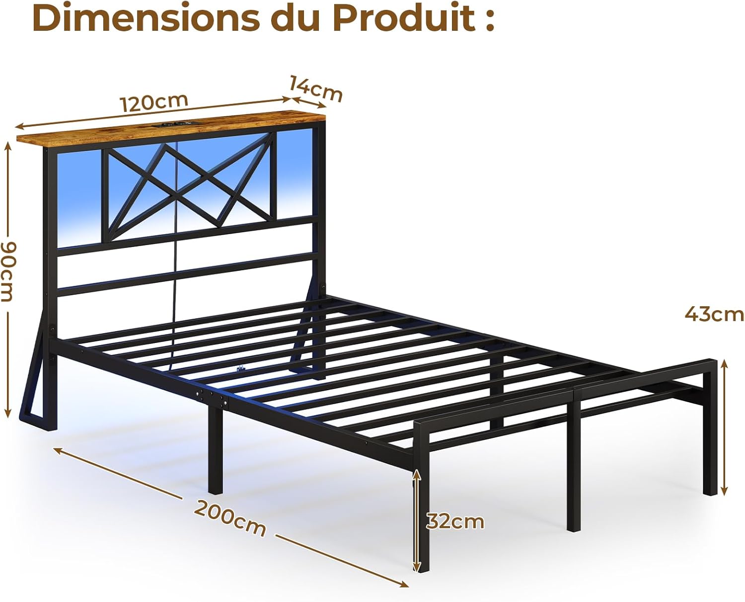 DICTAC - Lit métal LED, 90x200 cm, tête LED, ports USB, rangement