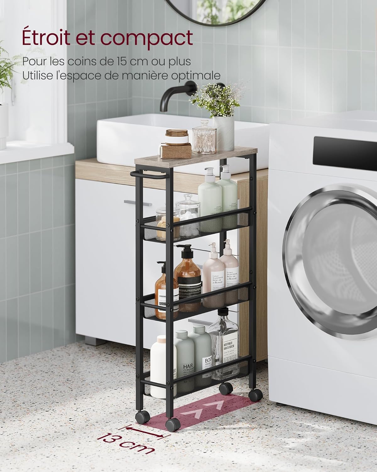 VASAGLE - desserte 4 niveaux - 13x45,4x77 cm - structure acier, roulettes, poignée, compact - LRC032K01