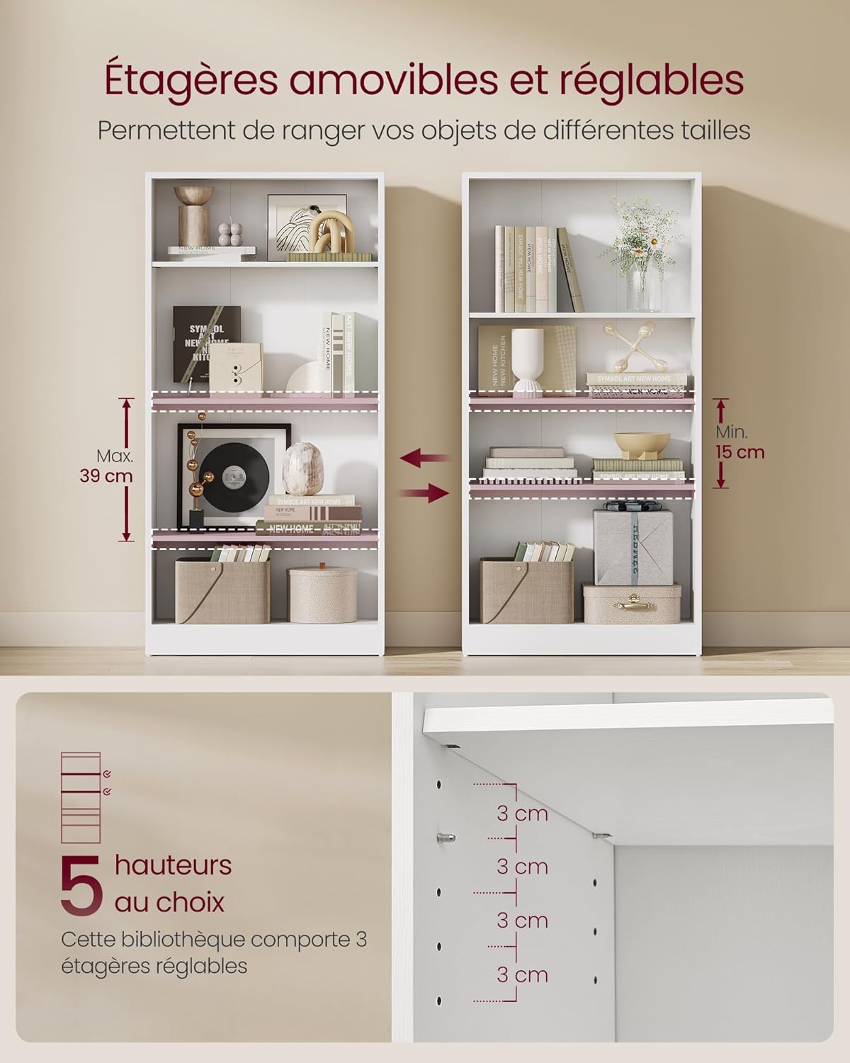 VASAGLE - étagère bibliothèque 4 niveaux - 24x60x121,5cm - rangement ouvert design blanc LBC107T14
