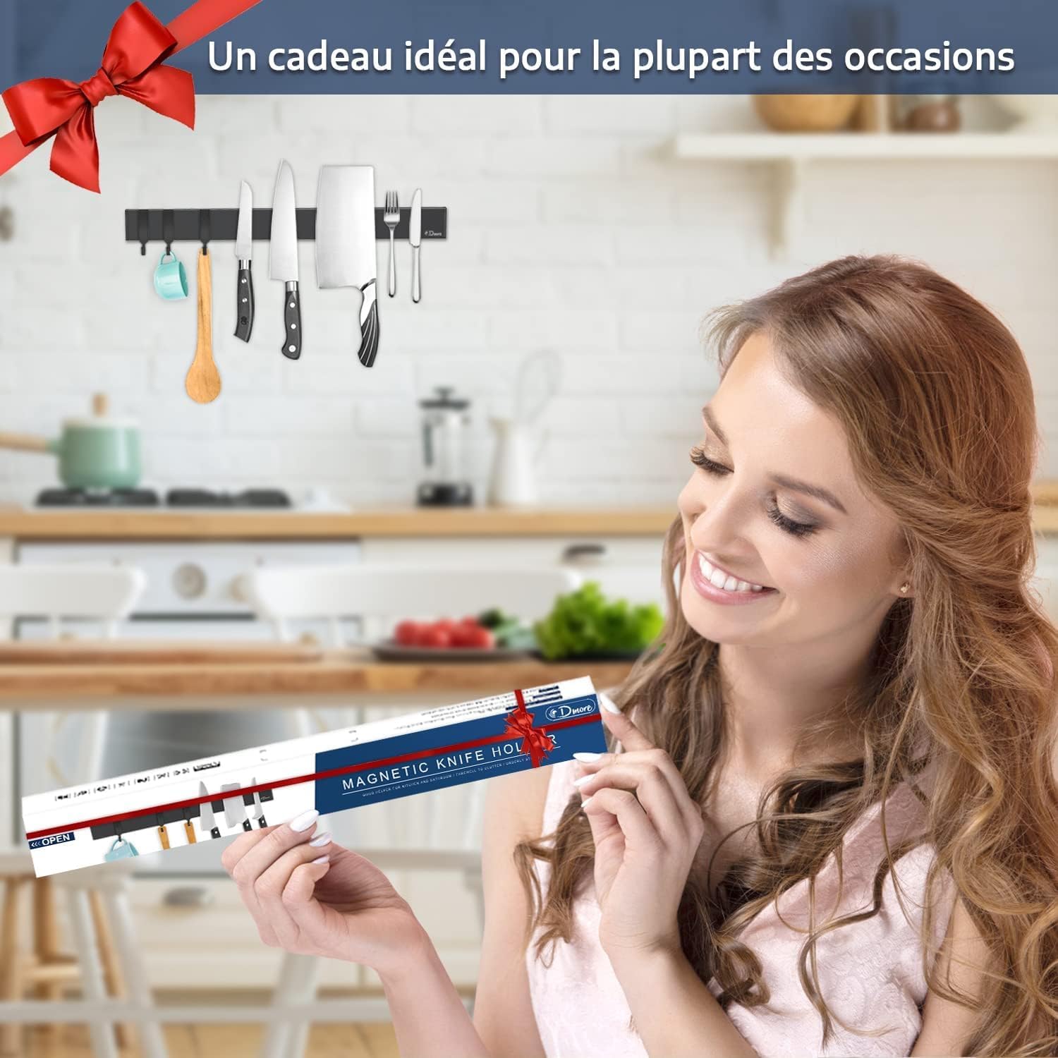 Dmore - porte-couteaux avec 3 crochets - 40 cm - aimant extra-fort, adhésif ou vis