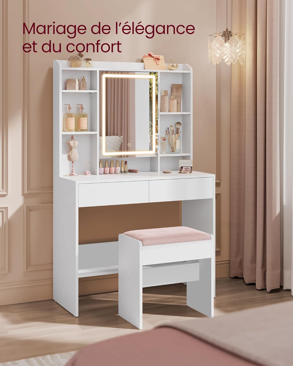 VASAGLE - Tabouret Kailyn, velours rose/blanc, antidérapant, rembourré, RDS001W01