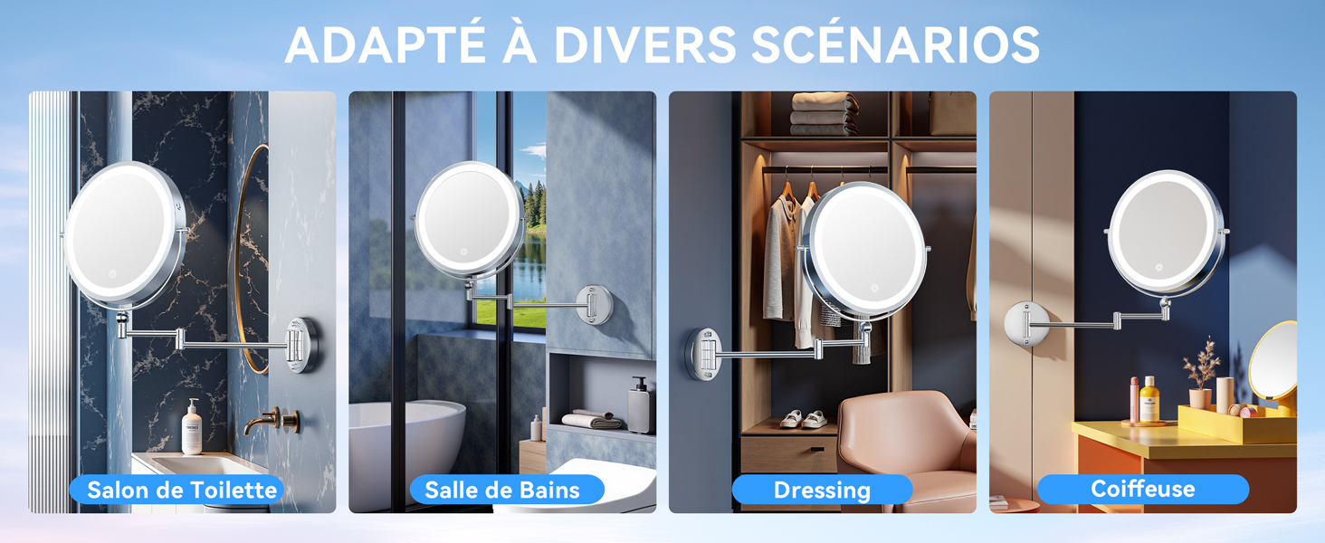 Le texte indique « Image 3 » et « ADAPTE A DIVERSOS ESCENARIOS ». Série d'images de salle de bain montrant des luminaires et accessoires montés dans différentes configurations.