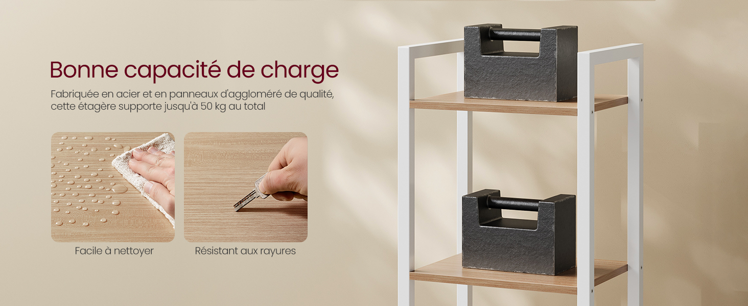 Étagère en métal blanc avec étagères en bois et boîtes de rangement foncées. Les images en encart montrent que la main soulève le coin du tapis et qu'elle écrit à la main sur du papier, démontrant la capacité de charge du produit