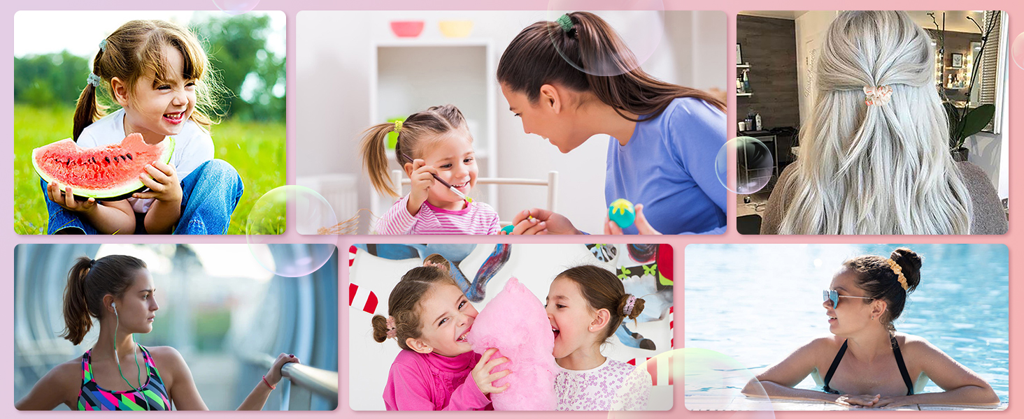 Collage de six images montrant des personnes participant à diverses activités extérieures et intérieures, notamment en mangeant de la pastèque, en nageant et en se coiffant