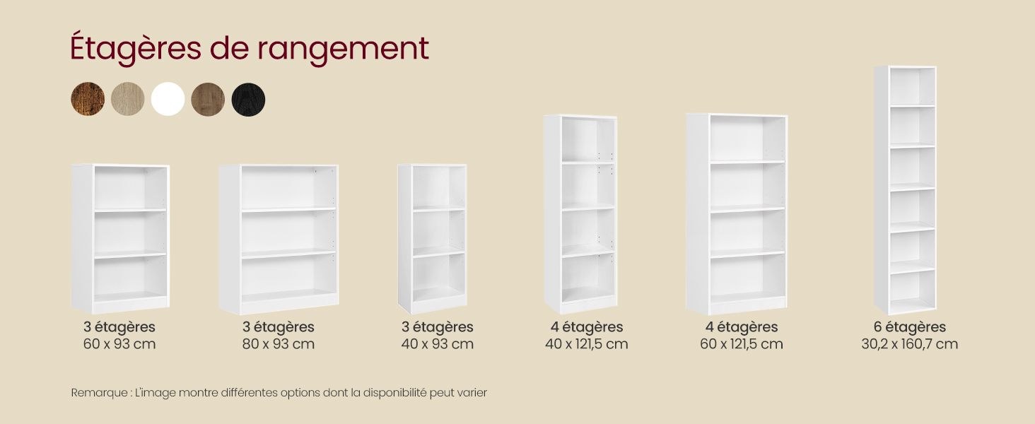 Six options d'étagères blanches avec différentes hauteurs et largeurs. Les étagères varient de 2 à 6 niveaux. Échantillons de couleurs présentés : marron, beige, blanc et noir. Le texte en français les décrit comme des étagères de rangement.