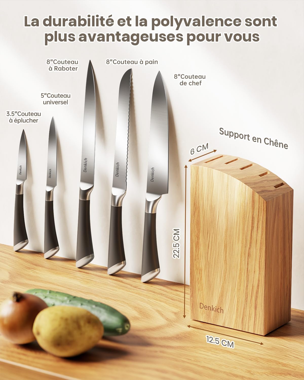 Couteaux de cuisine - set 6 pièces inox, support bois, lame 8