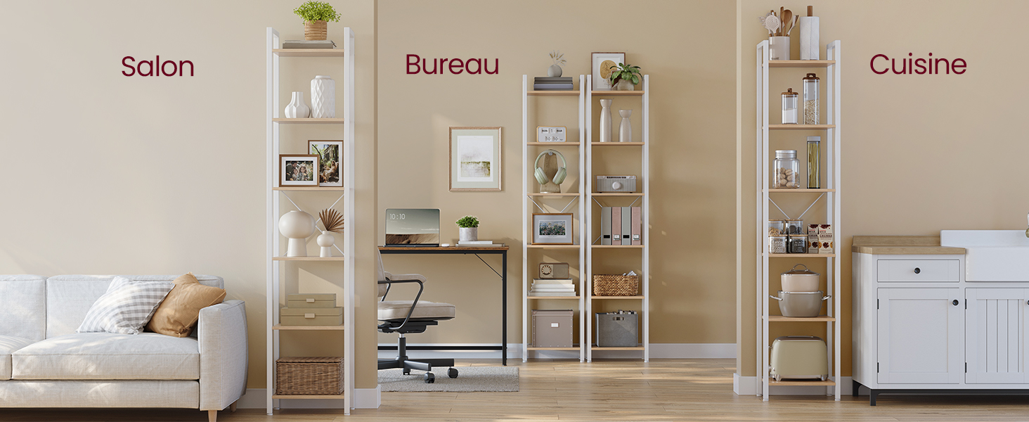 Image à trois panneaux présentant des solutions de rangement modulaires pour différentes pièces : salon, bureau à domicile et cuisine. Étagères et armoires visibles.