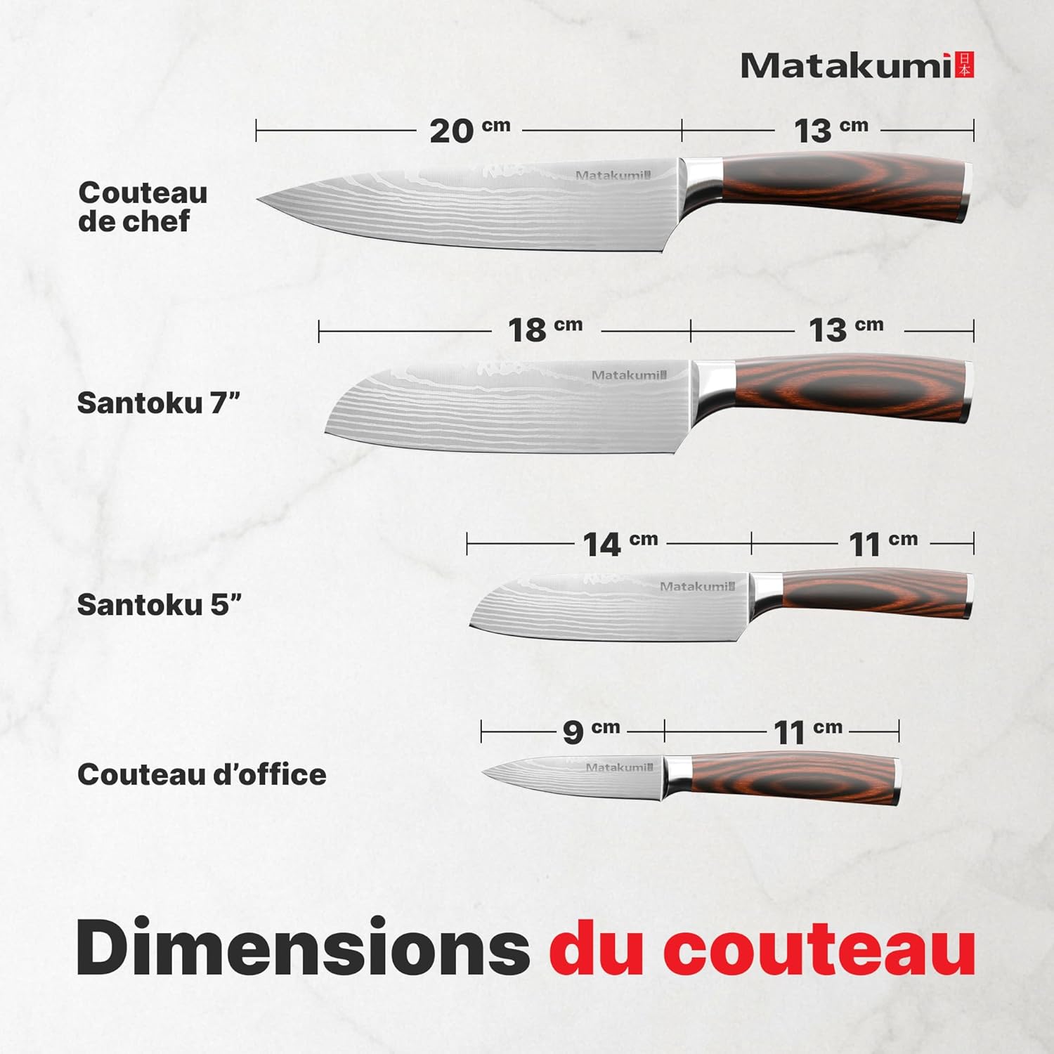 Matakumi - Set cuisine japonais, 4 pièces, acier carbone, poignée ergonomique, motif damassé gravé