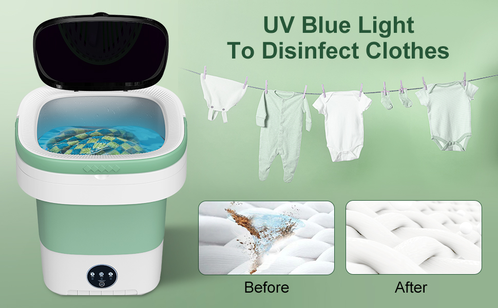 Appareil de désinfection UV compact avec technologie de lumière bleue, permettant de comparer les vêtements blancs avant et après le nettoyage. Comprend un extérieur blanc avec un design à chargement par le haut
