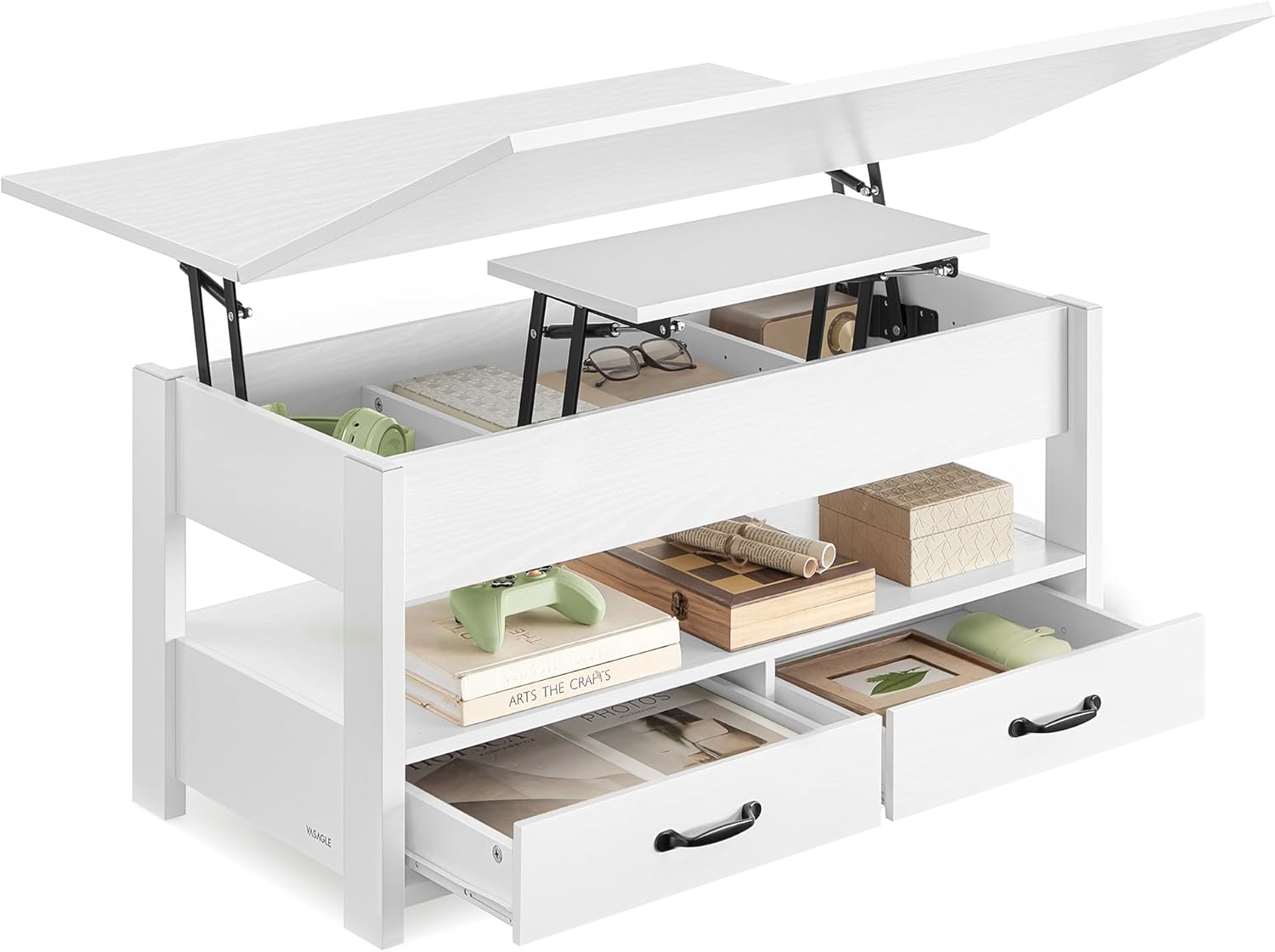 VASAGLE - Table basse relevable, 2 tiroirs, 3 compartiments, blanc, LCT254W02